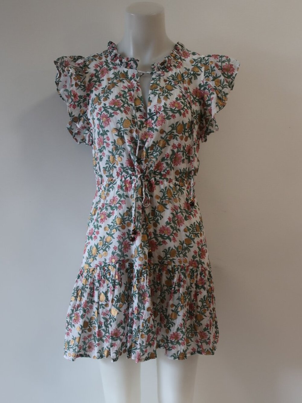 Womens Oliphant White Green Gold (Item-210) Floral Flutter Sleeve Mini Dress S